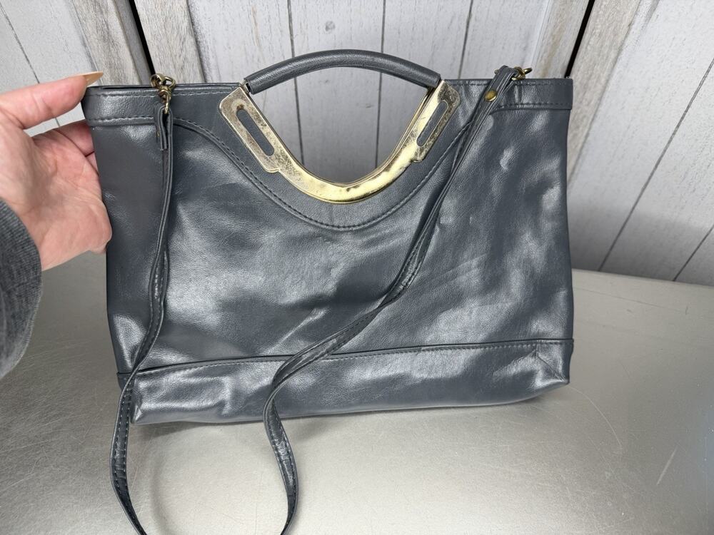 Vintage 70s Satchel Handbag Women Gray Faux Leather Purse Bag Top Handle